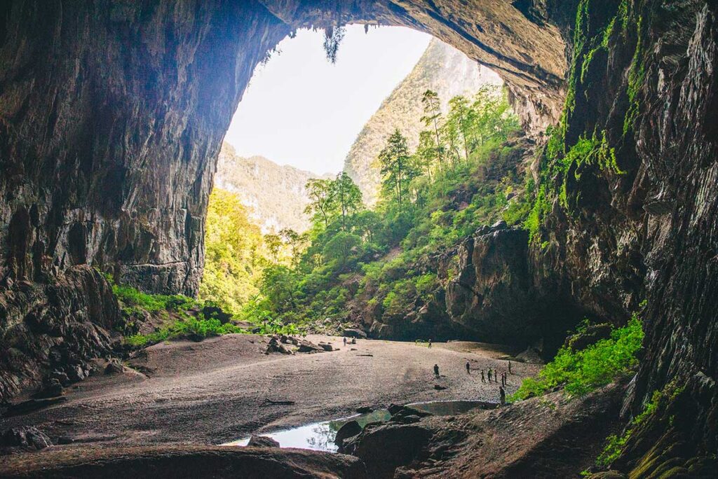 Eingang einer riesigen Höhle im Phong Nha Ke Bang Nationalpark umgeben von Dschungel.