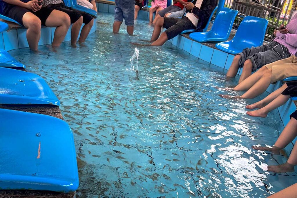 Gruppe von Menschen mit bloßen Füßen in einem blauen Fischbecken für eine Fischmassage in Vietnam, bei der kleine Fische die Füße reinigen