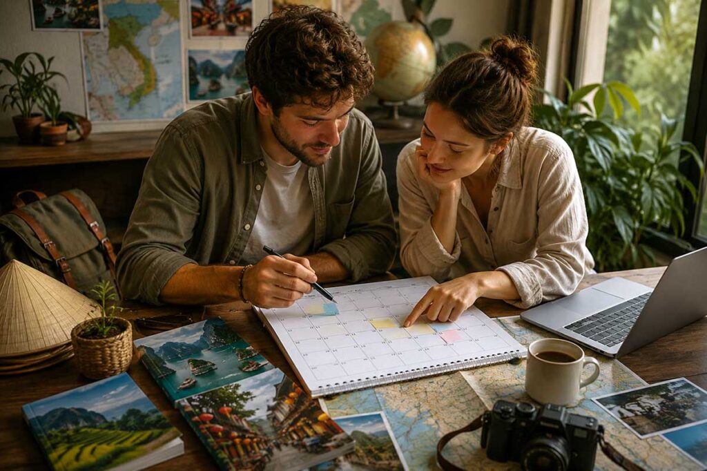 Pärchen plant eine Vietnamreise an einem Tisch mit Kalender, Reisefotos von der Halong Bay und Hoi An, einer Landkarte, Laptop und einem vietnamesischen KegelstrohhutYou said: Jij raad dus aan geen keyword hier te gebruikken?