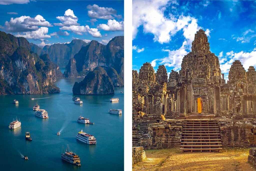 Vergleich von Vietnam und Kambodscha: links Kreuzfahrtschiffe zwischen den Kalksteinfelsen der Halong Bay in Vietnam, rechts ein buddhistischer Mönch vor den gemeißelten Steintürmen des Bayon-Tempels in Angkor, Kambodscha