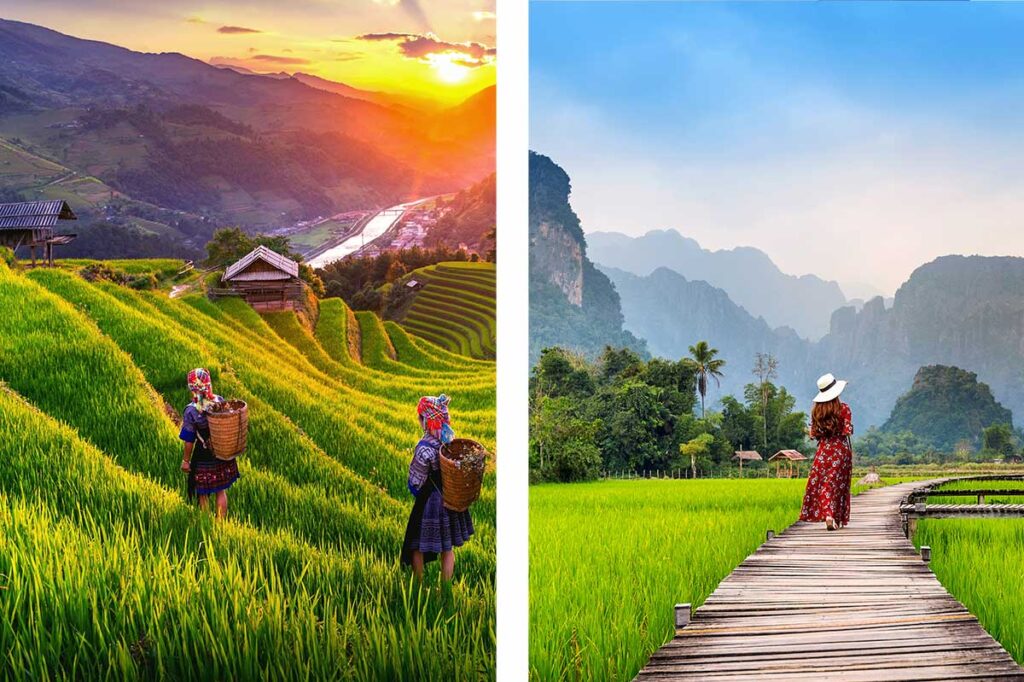 Vergleich von Vietnam und Laos: links zwei Hmong-Frauen mit Reiskörben auf grünen Reisterrassen bei Sonnenuntergang in Nordvietnam, rechts eine Frau im roten Kleid auf einem Holzweg durch Reisfelder mit Karstbergen in Laos