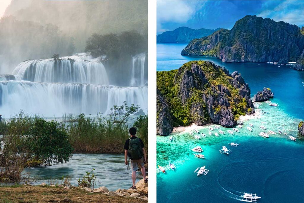 Vergleich von Vietnam und den Philippinen: links ein Reisender mit Rucksack vor dem breiten stufenförmigen Ban-Gioc-Wasserfall in Nordvietnam, rechts eine Luftaufnahme von Booten im türkisfarbenen Wasser zwischen den Kalksteininseln von El Nido auf Palawan