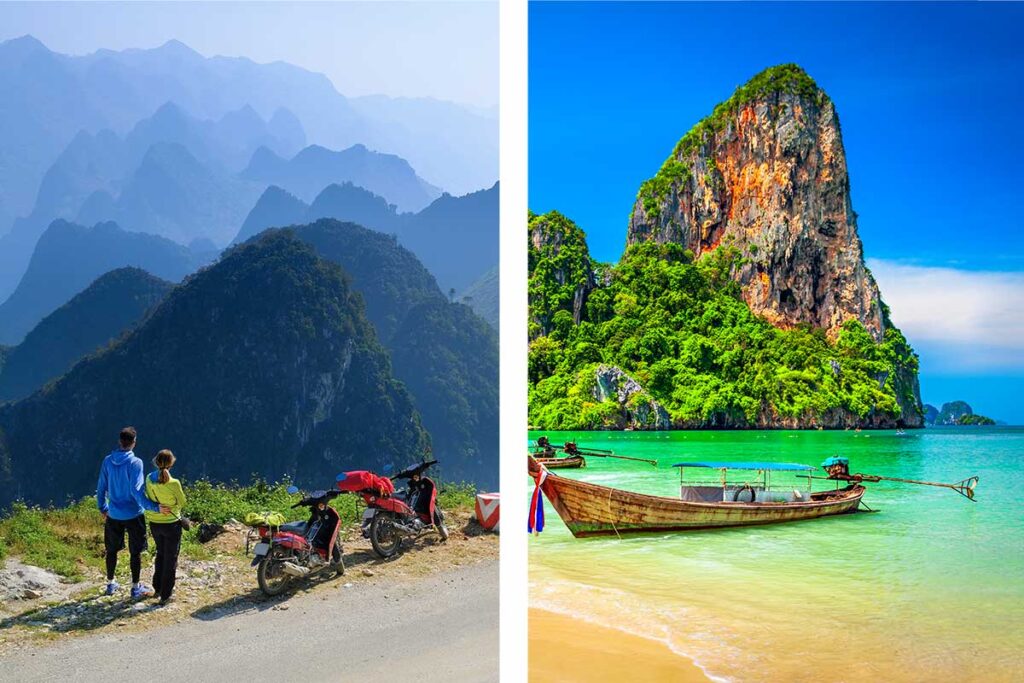 Vergleich von Vietnam und Thailand: links zwei Reisende mit Motorrädern mit Blick auf die nebligen Berggipfel Nordvietnams, rechts ein traditionelles Longtailboot im türkisfarbenen Wasser vor den Kalksteinfelsen von Railay Beach in Thailand