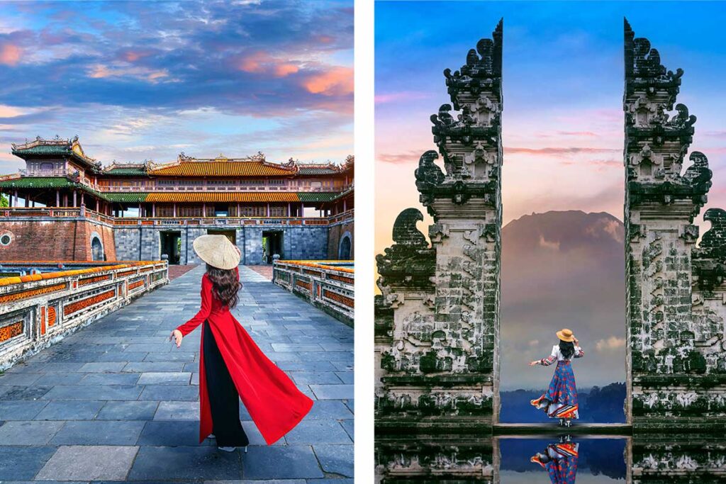 Vergleich von Vietnam und Bali: links eine Frau im roten Ao Dai mit Kegelstrohhut auf der Brücke vor der Kaiserlichen Zitadelle von Hue in Vietnam, rechts eine Frau im bunten Rock zwischen den gespaltenen Steinpilaren eines balinesischen Tempels mit einem Vulkan im Hintergrund