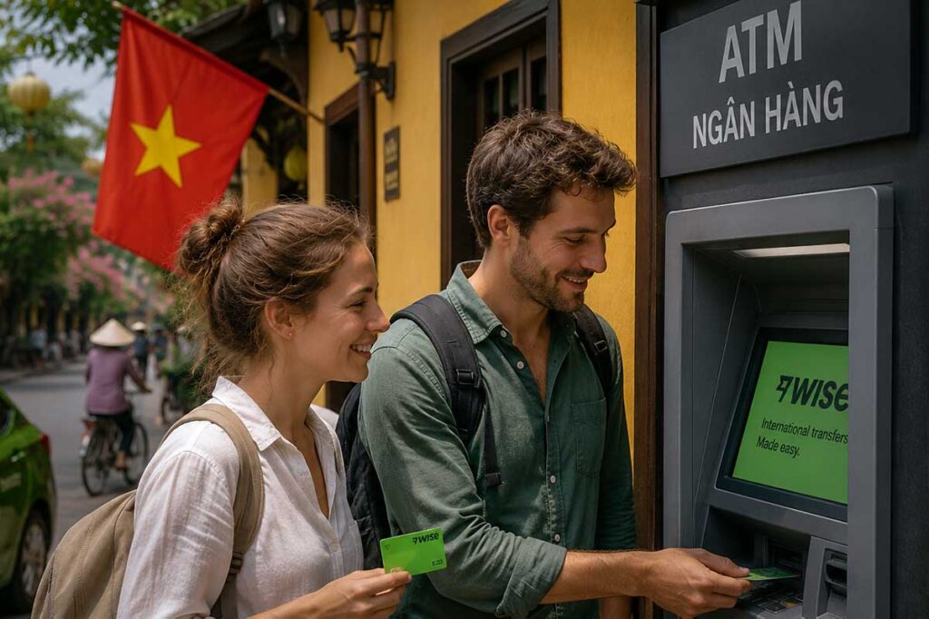 Pärchen benutzt eine Wise-Karte an einem Geldautomaten in Vietnam mit der vietnamesischen Flagge im Hintergrund, eine praktische Möglichkeit Geld in Vietnam abzuheben ohne hohe Wechselgebühren